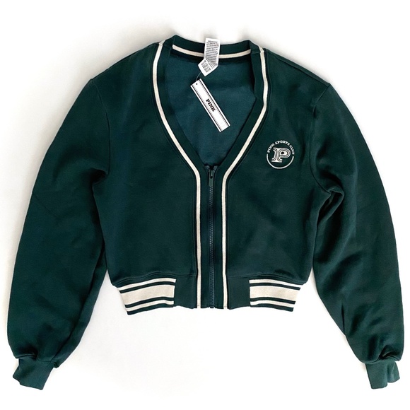 PINK Victoria's Secret Sweater Varsity Full Zip Cardigan Logo Green w Stripe Nwt - Picture 1 of 3
